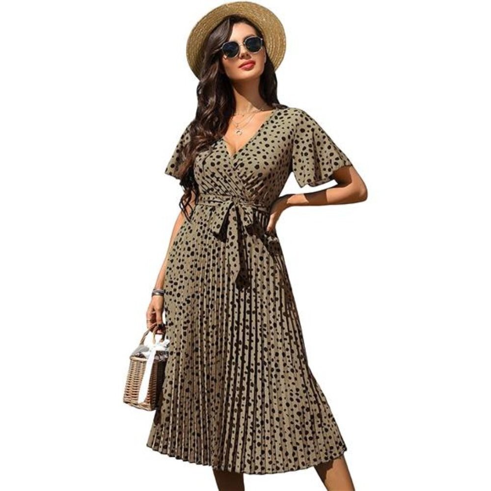 Polka Dots Short Sleeve Wrap V Neck Belted A Line Pleated Midi Dress